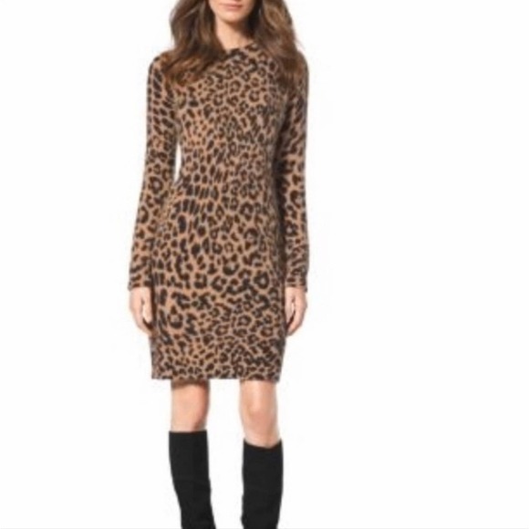 NWT Michael Kors Animal Leopard Print Angora Blend Sweater V Neck Dress SZ Large - Picture 1 of 9
